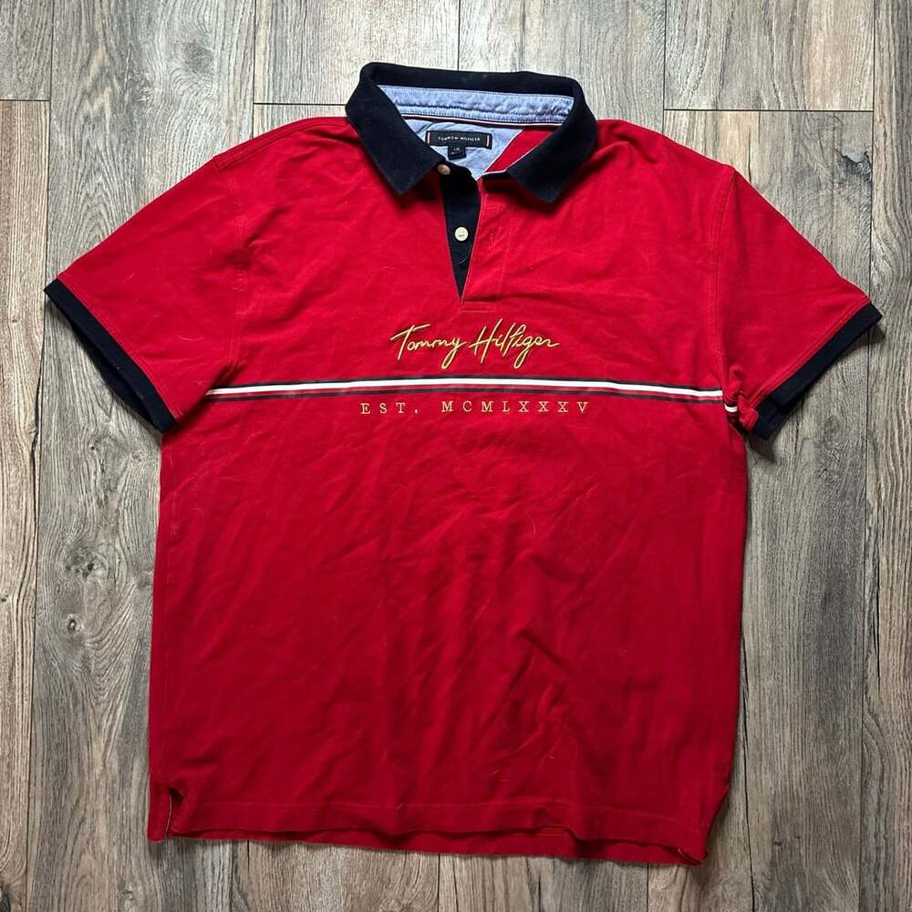 Tommy Hilfiger Polo Shirt Size L Red Black Embroidered